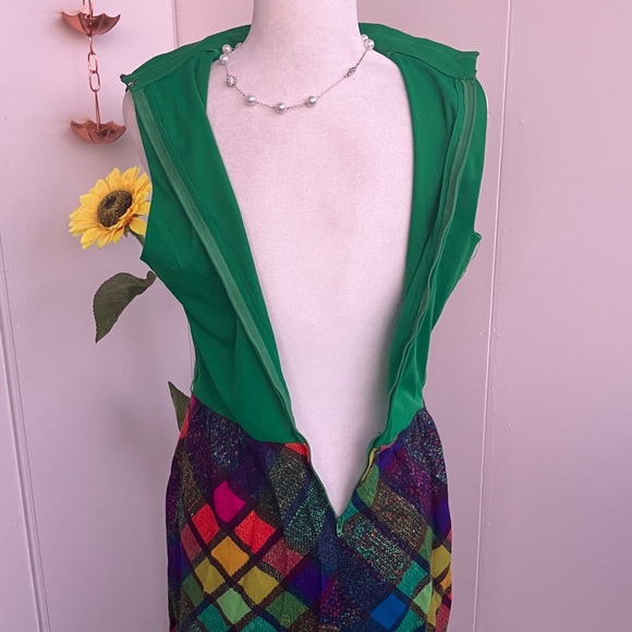 Vintage 60s 70s Kelly Green and Rainbow Checkered Plaid Colorful Maxi Dress - Picture 10 of 11